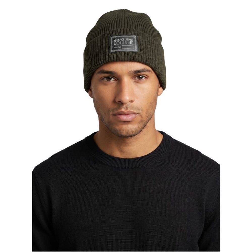 Versace Jeans Couture Men's Black Ribbed Knit Logo Patch Beanie